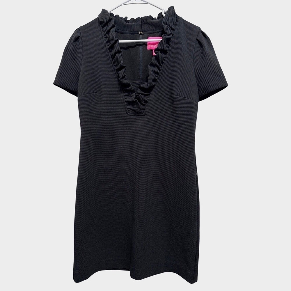 Lilly Pulitzer Black Ruffle Neck Shift Dress Womens Size Medium Chic‎ Preppy EUC